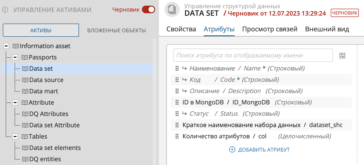 Тип актива второго уровня вложенности и его атрибуты