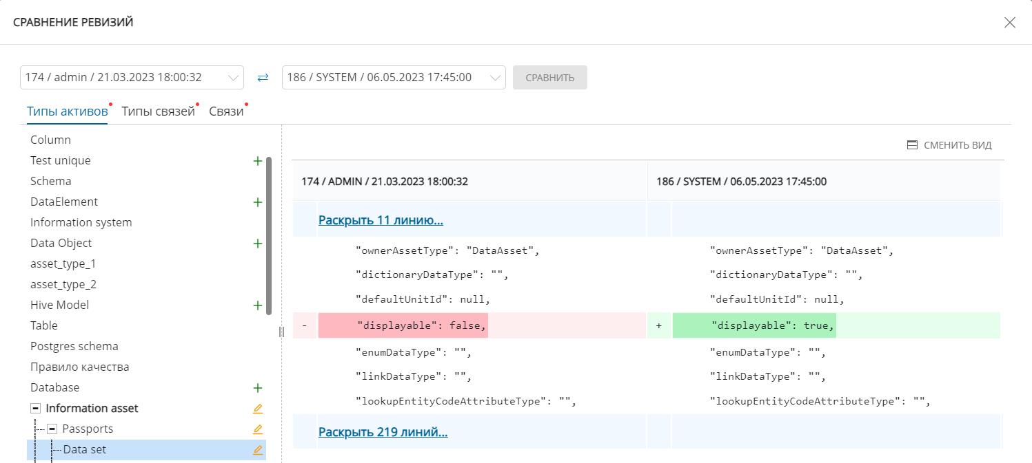 Пример отображения окна сравнения версий модели
