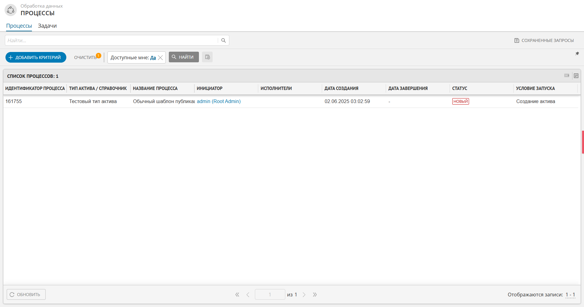 Пример отображения вкладки "Процессы" раздела "Задачи"
