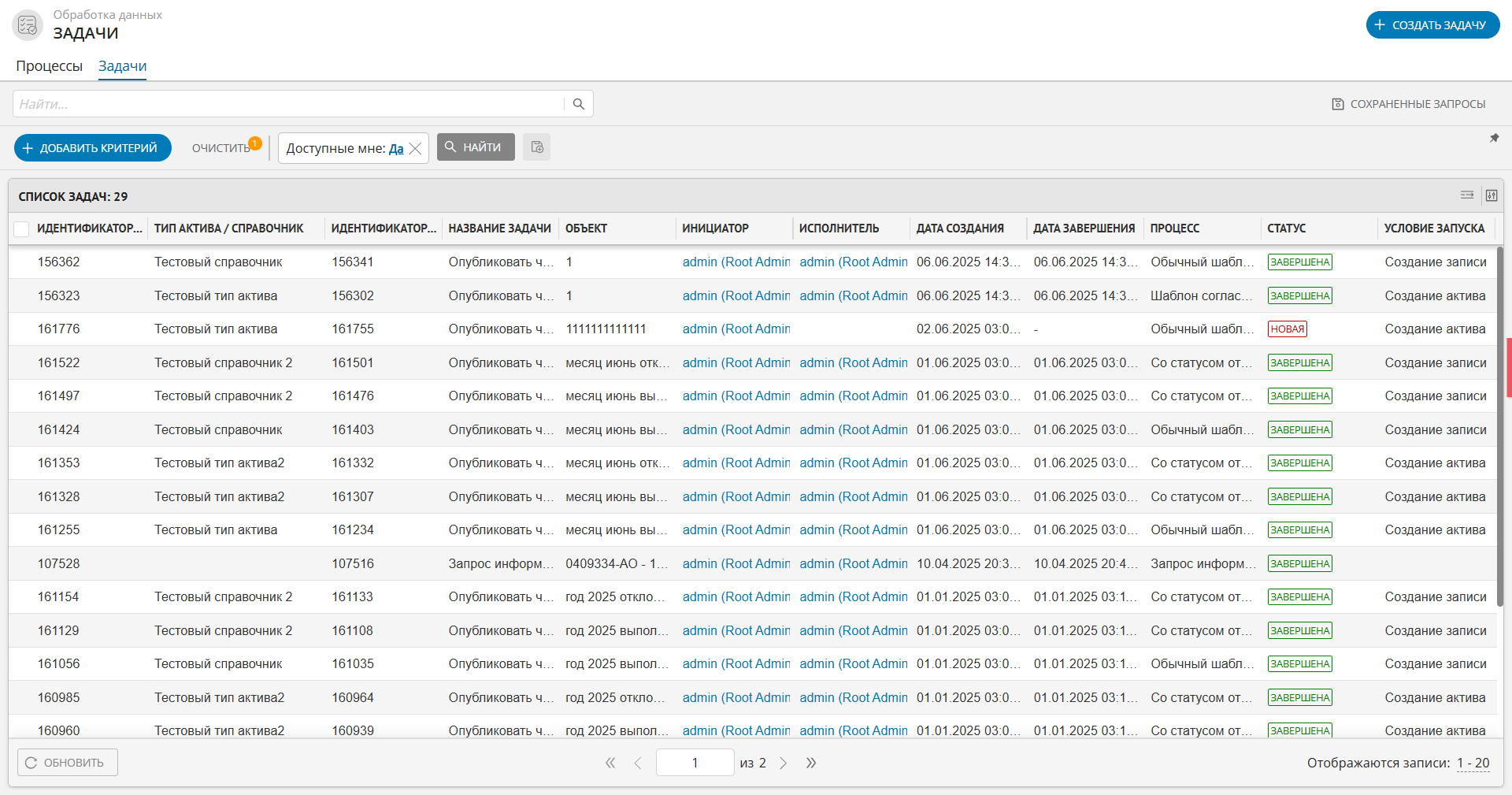 Пример отображения вкладки "Задачи" раздела "Задачи"