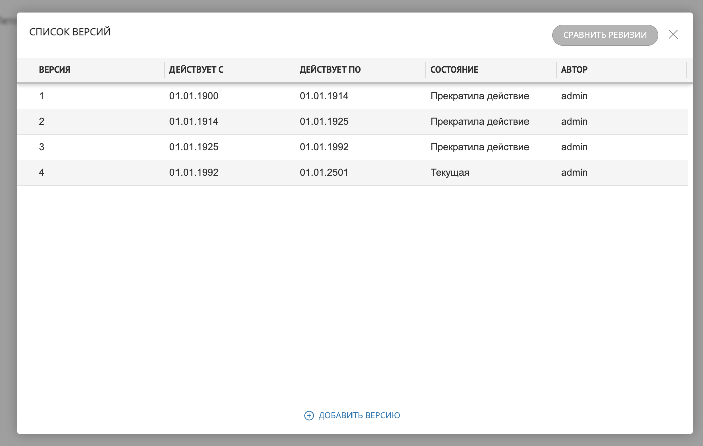 Пример отображения списка всех версий