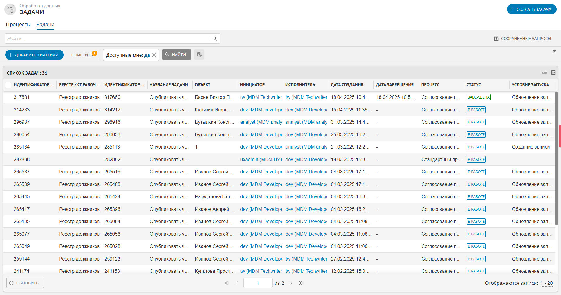 Пример отображения вкладки "Задачи" раздела "Задачи"