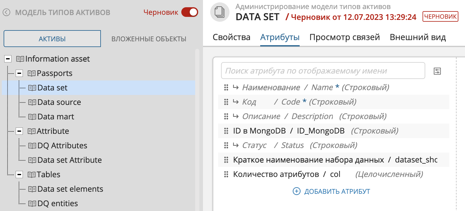 Тип актива второго уровня вложенности и его атрибуты