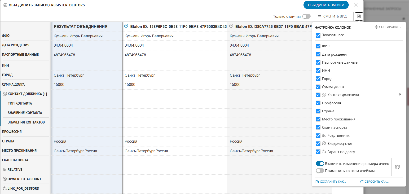 Экран сравнения записей кластера