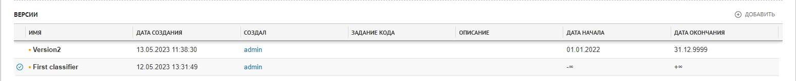 Пример отображения таблицы с неколькими версиями классификатора